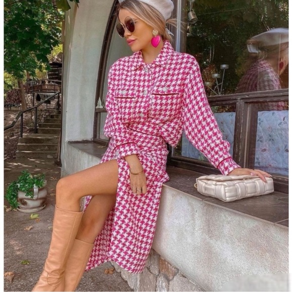 ZARA Tweed Textured Weave Houndstooth Faux Wrap Slit Midi Skirt Raspberry Pink S - Picture 6 of 16